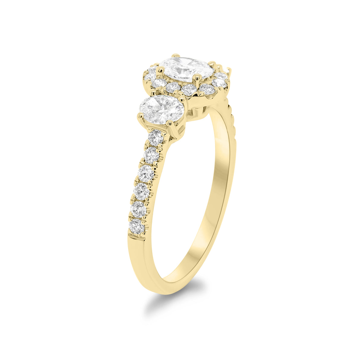 Oval Diamond Halo Three-Stone Engagement Ring - 18K gold weighing 2.90 grams - 0.31 ct oval-shaped diamond - 2 oval-shaped diamonds weighing 0.33 carats - 24 round diamonds weighing 0.31 carats