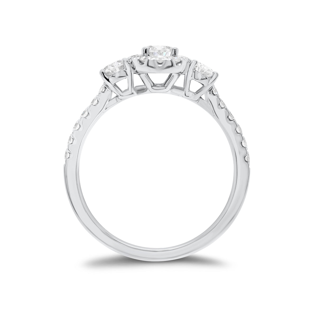 Oval Diamond Halo Three-Stone Engagement Ring - 18K gold weighing 2.90 grams - 0.31 ct oval-shaped diamond - 2 oval-shaped diamonds weighing 0.33 carats - 24 round diamonds weighing 0.31 carats