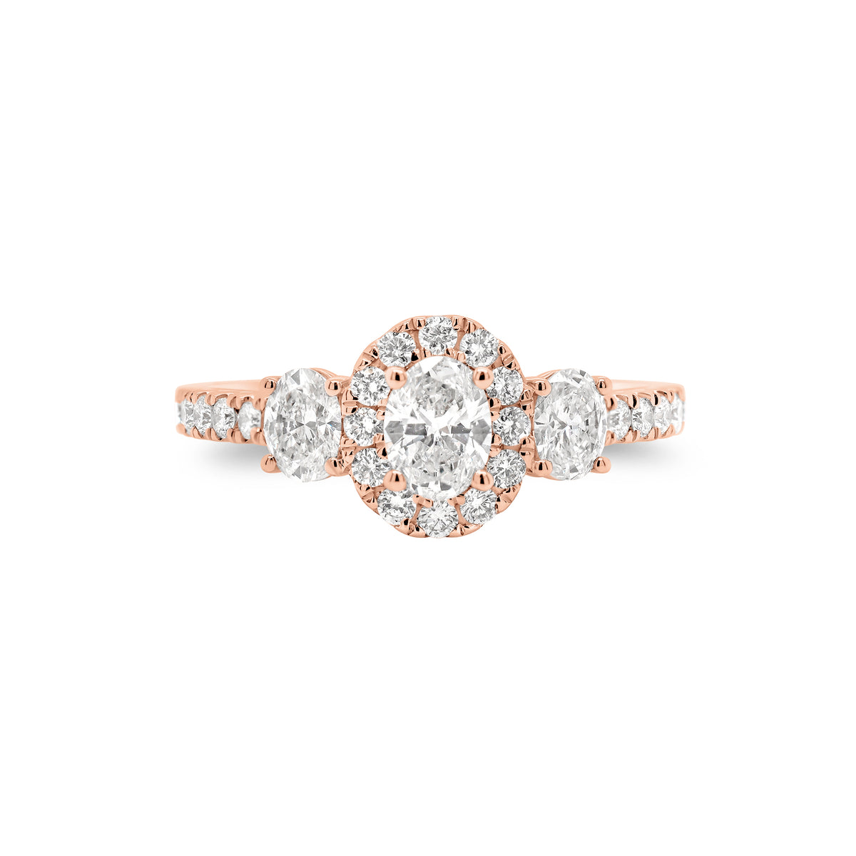 Oval Diamond Halo Three-Stone Engagement Ring - 18K gold weighing 2.90 grams - 0.31 ct oval-shaped diamond - 2 oval-shaped diamonds weighing 0.33 carats - 24 round diamonds weighing 0.31 carats