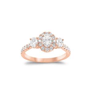 Oval Diamond Halo Three-Stone Engagement Ring - 18K gold weighing 2.90 grams - 0.31 ct oval-shaped diamond - 2 oval-shaped diamonds weighing 0.33 carats - 24 round diamonds weighing 0.31 carats