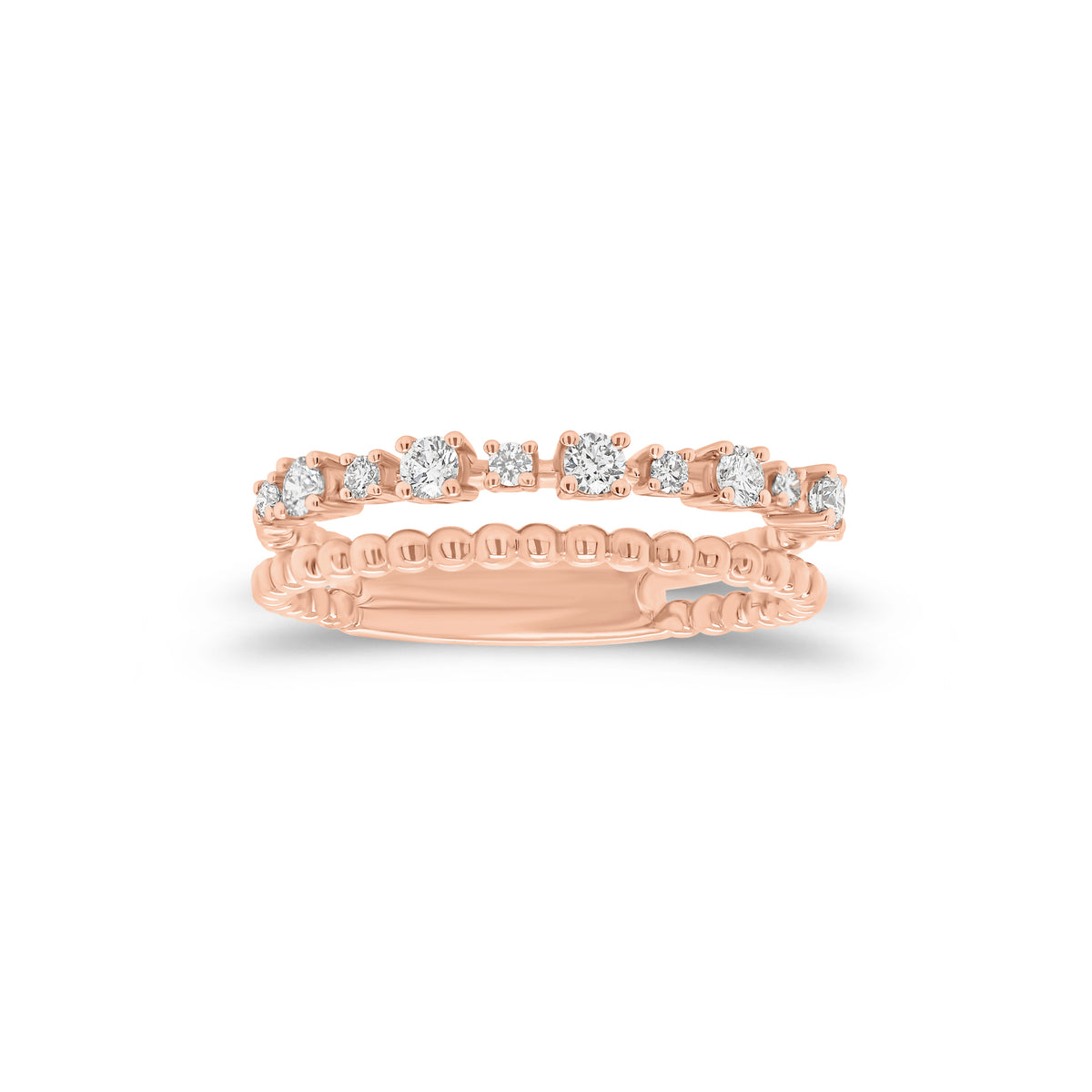 Diamond & Beaded Gold Stacking Ring - 18K gold weighing 3.21 grams - 11 round diamonds weighing 0.24 carats