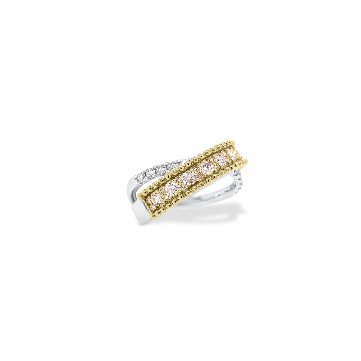 Diamond & Two-Tone Gold Crossover Ring - 18K gold weighing 5.91 grams - 39 round diamonds weighing 0.84 carats