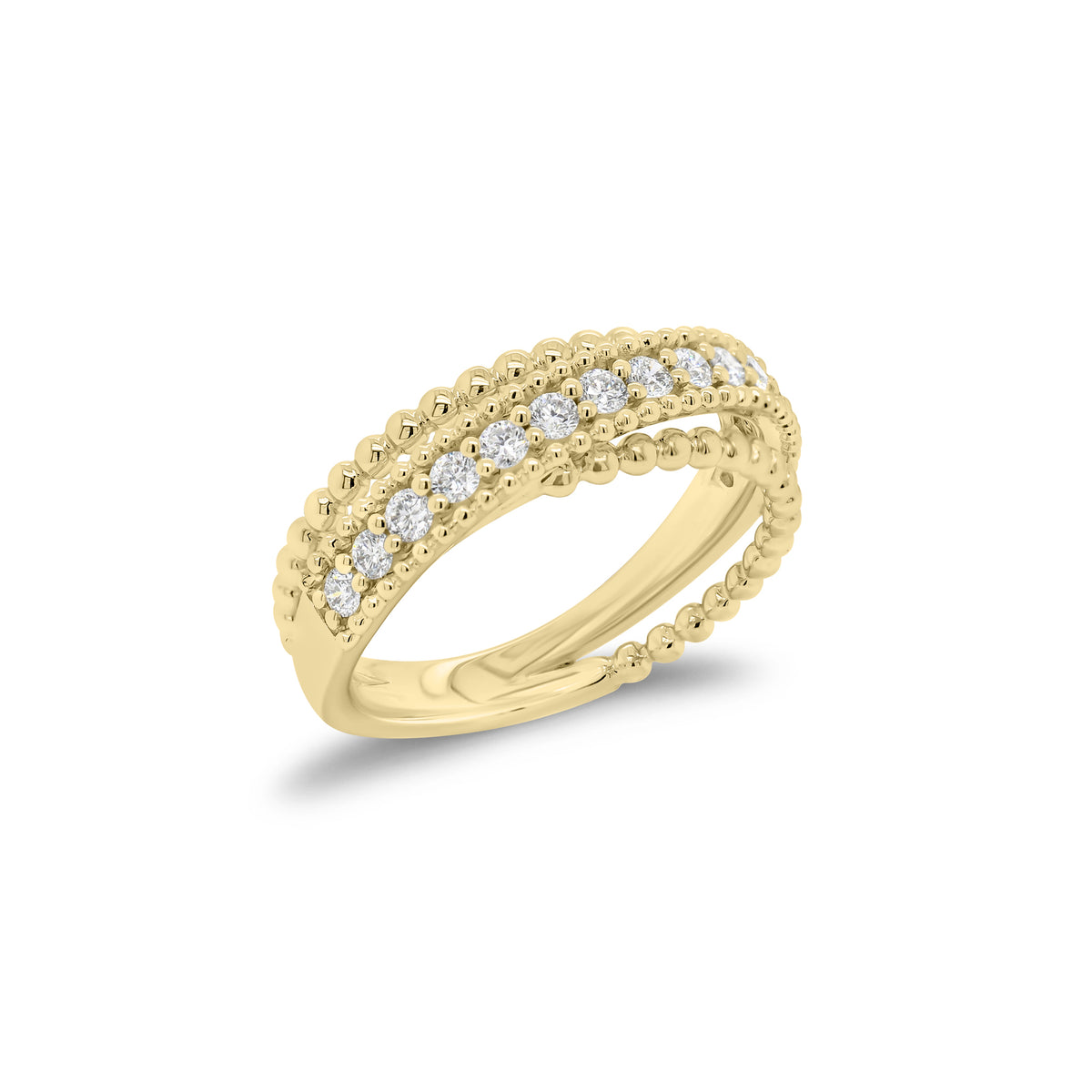 Diamond & beaded gold multi-band crossover ring - 18K gold weighing 4.57 grams  - 15 round diamonds weighing 0.39 carats