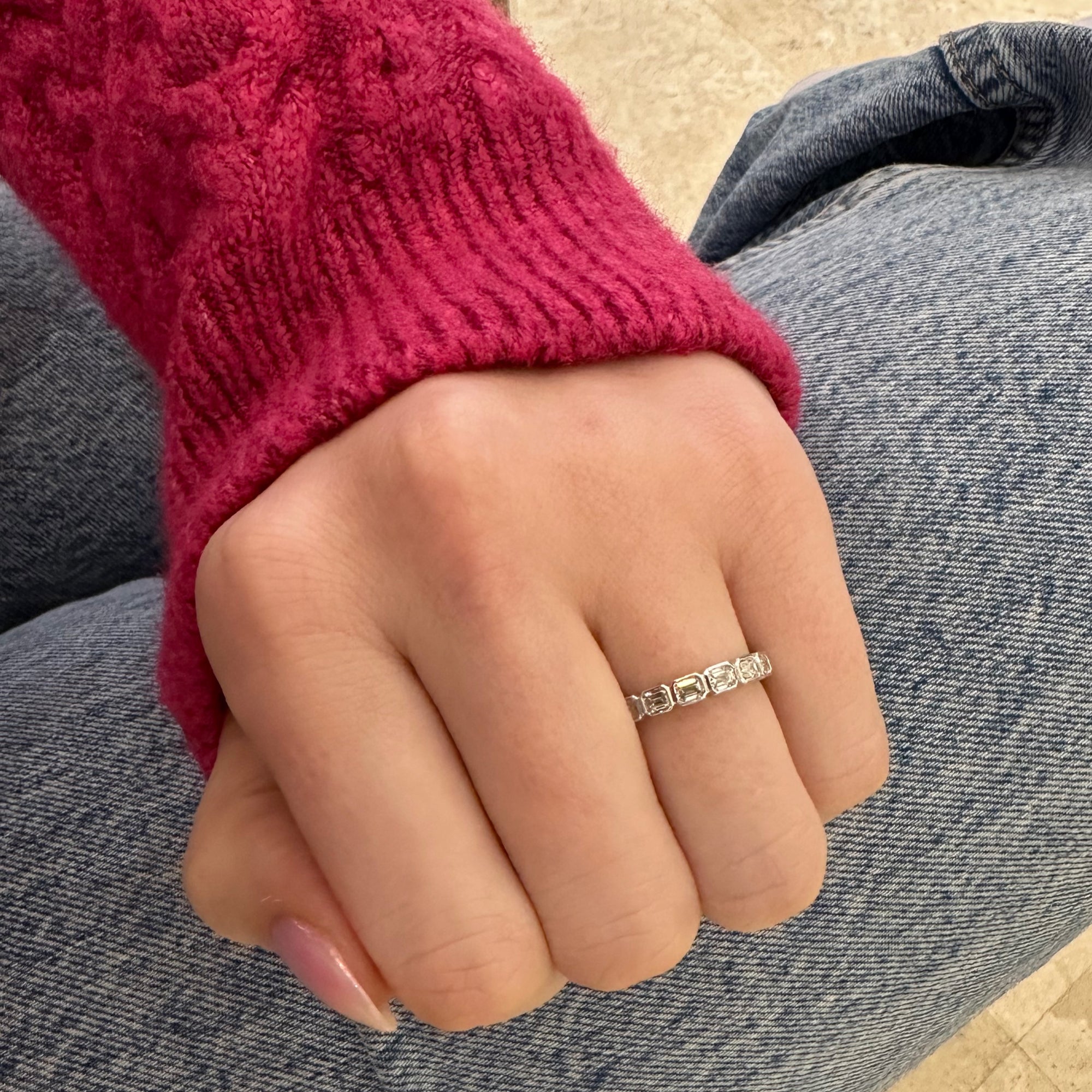 Bezel-Set Emerald Cut Diamond Wedding Band - 18K gold weighing 2.55 grams - 7 emerald-cut diamonds weighing 0.63 carats