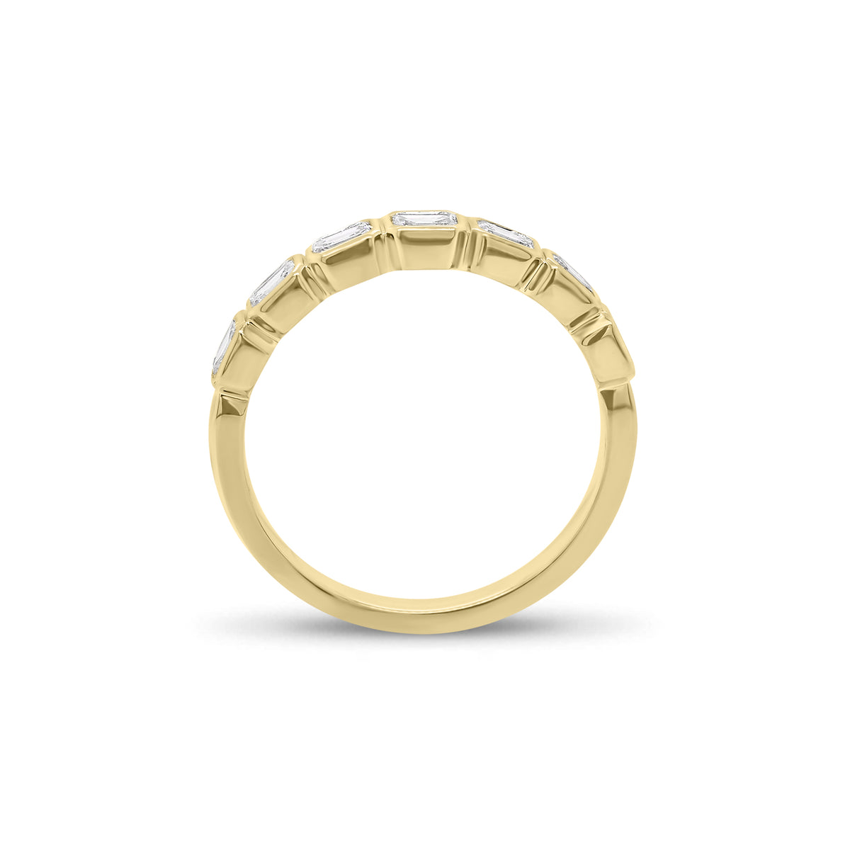 Bezel-Set Emerald Cut Diamond Wedding Band - 18K gold weighing 2.55 grams - 7 emerald-cut diamonds weighing 0.63 carats