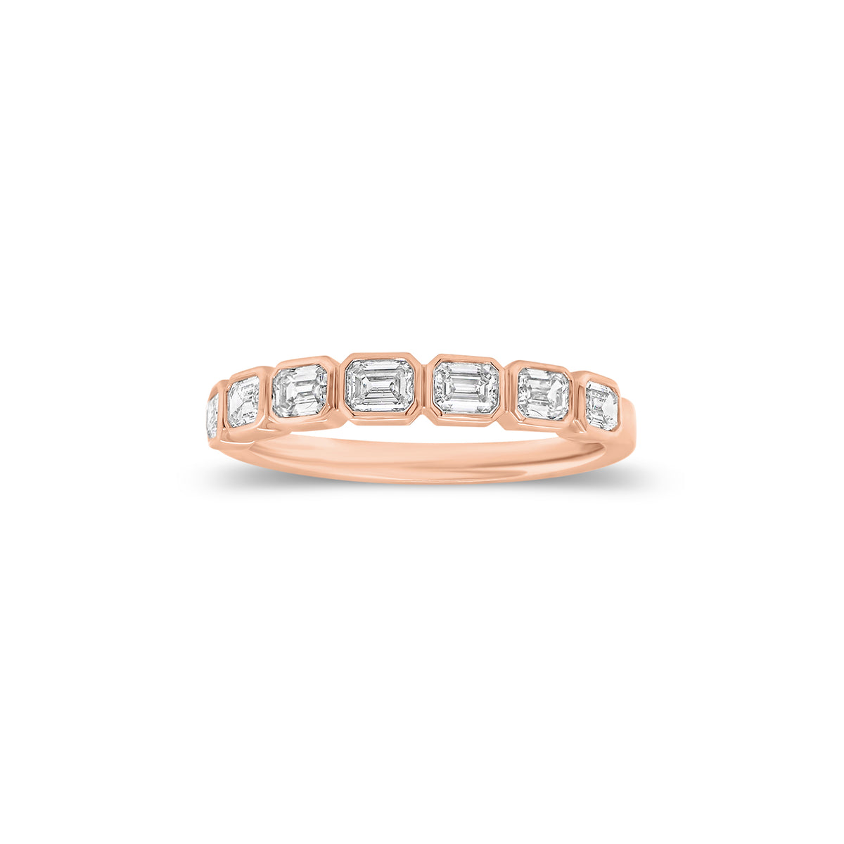 Bezel-Set Emerald Cut Diamond Wedding Band - 18K gold weighing 2.55 grams - 7 emerald-cut diamonds weighing 0.63 carats