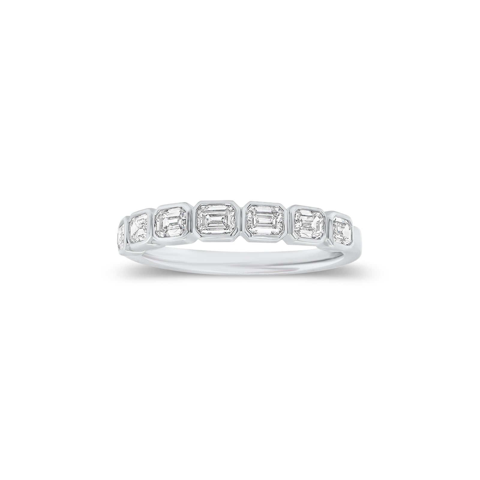 Bezel-Set Emerald Cut Diamond Wedding Band - 18K gold weighing 2.55 grams - 7 emerald-cut diamonds weighing 0.63 carats