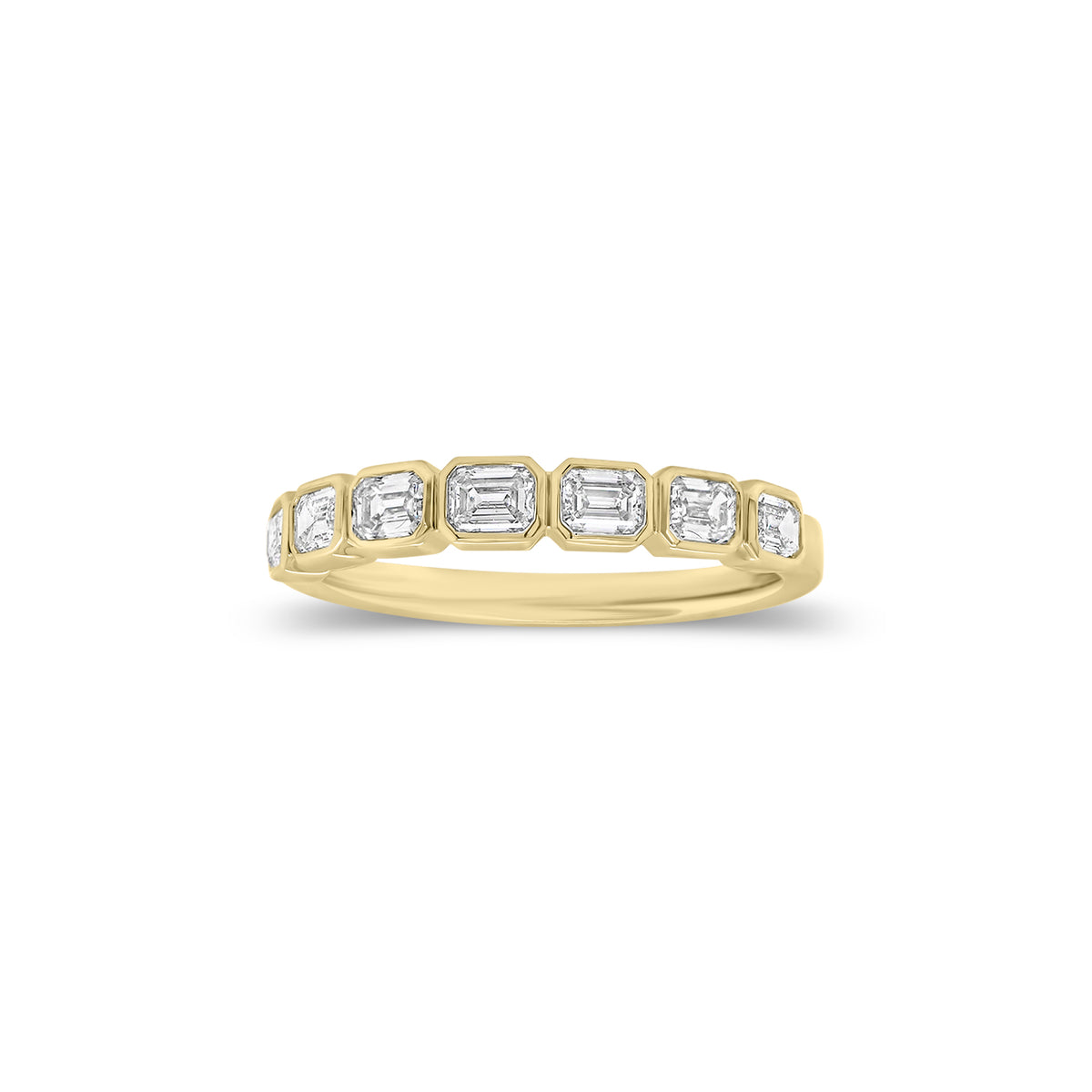 Bezel-Set Emerald Cut Diamond Wedding Band - 18K gold weighing 2.55 grams - 7 emerald-cut diamonds weighing 0.63 carats
