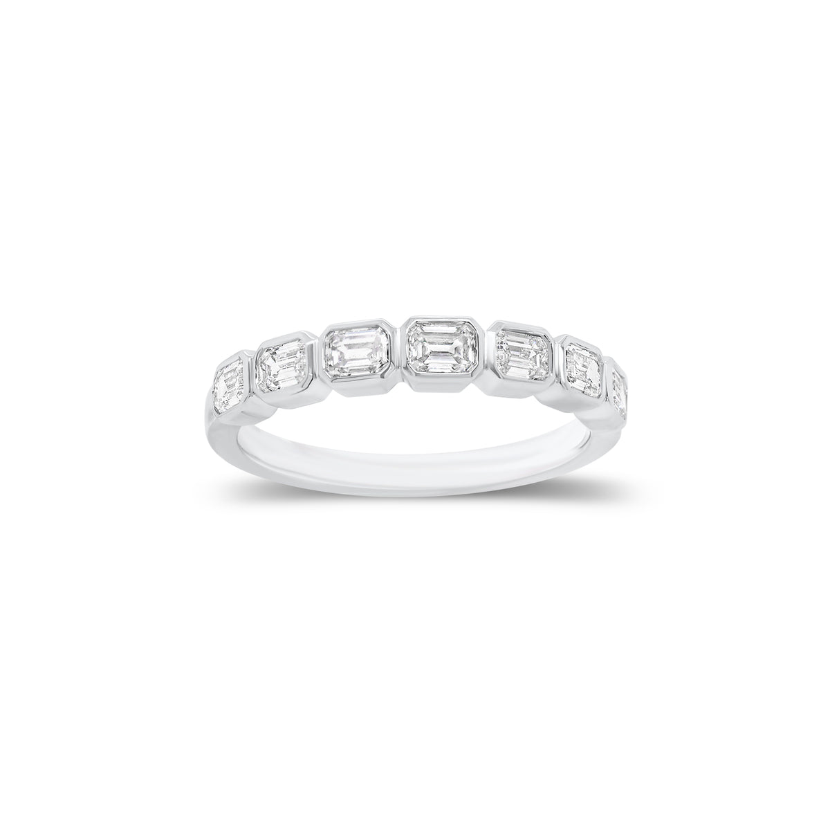 Bezel-Set Emerald Cut Diamond Wedding Band - 18K gold weighing 2.55 grams  - 7 emerald-cut diamonds weighing 0.63 carats