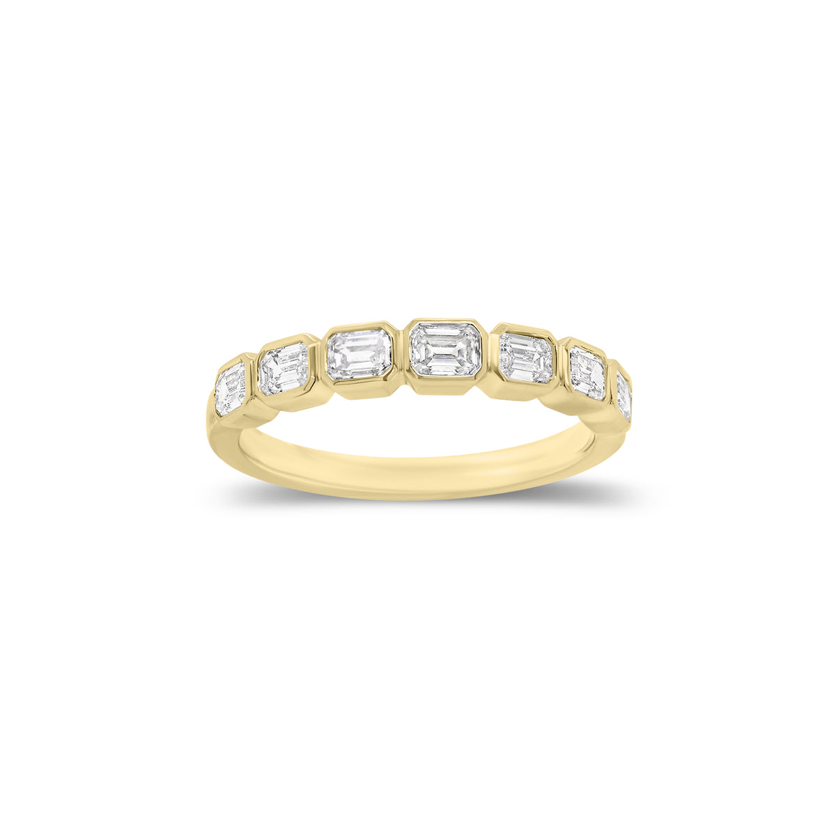 Bezel-Set Emerald Cut Diamond Wedding Band - 18K gold weighing 2.55 grams - 7 emerald-cut diamonds weighing 0.63 carats