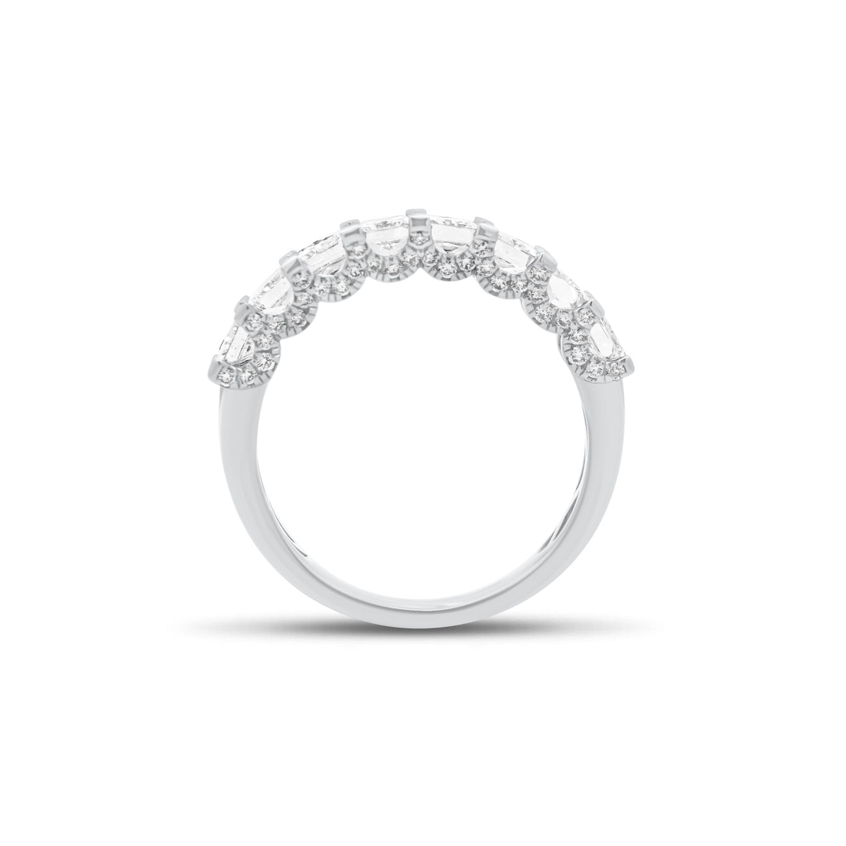 Radiant-Cut Diamond Wedding Band - 18K gold weighing 3.47 grams - 66 round diamonds weighing 0.24 carats - 8 radiant-cut diamonds weighing 2.35 carats