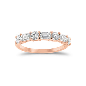 Round & Emerald-Cut Diamond Wedding Band - 18K rose gold weighing 2.56 grams - 3 emerald-cut diamonds weighing 0.60 carats - 4 round diamonds weighing 0.52 carats