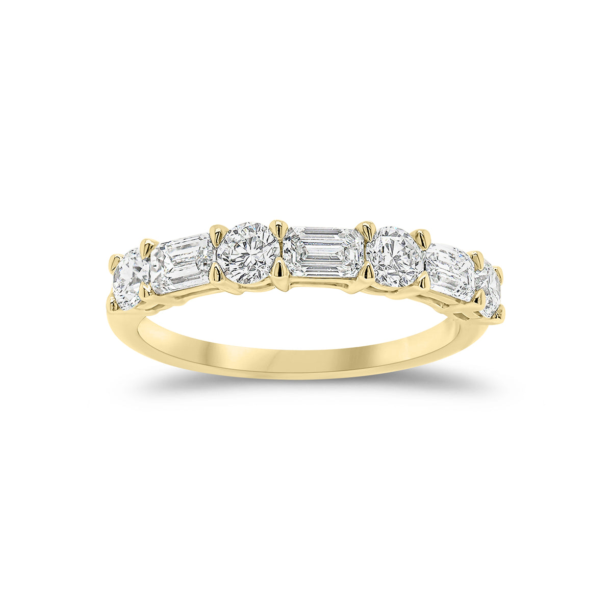 Round & Emerald-Cut Diamond Wedding Band - 18K yellow gold weighing 2.56 grams - 3 emerald-cut diamonds weighing 0.60 carats - 4 round diamonds weighing 0.52 carats