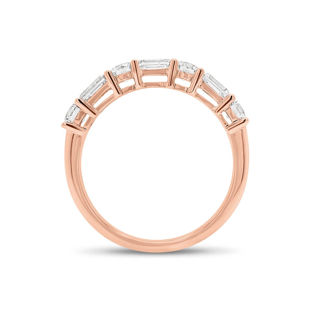 Round & Emerald-Cut Diamond Wedding Band - 18K rose gold weighing 2.56 grams - 3 emerald-cut diamonds weighing 0.60 carats - 4 round diamonds weighing 0.52 carats