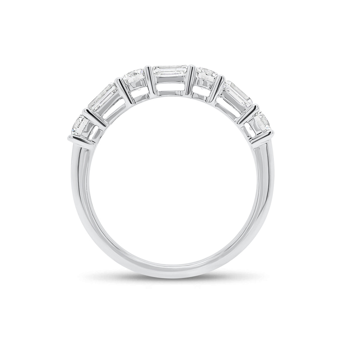 Round & Emerald-Cut Diamond Wedding Band - 18K white gold weighing 2.56 grams - 3 emerald-cut diamonds weighing 0.60 carats - 4 round diamonds weighing 0.52 carats