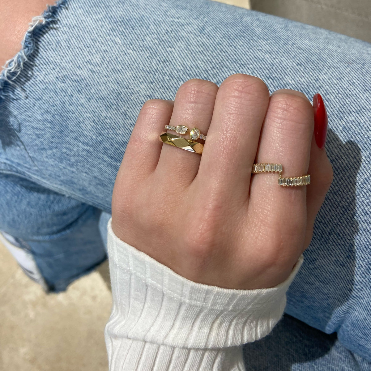 Female Model Wearing Multi-Dimensional Gold Band - 14K gold weighing 2.93 grams