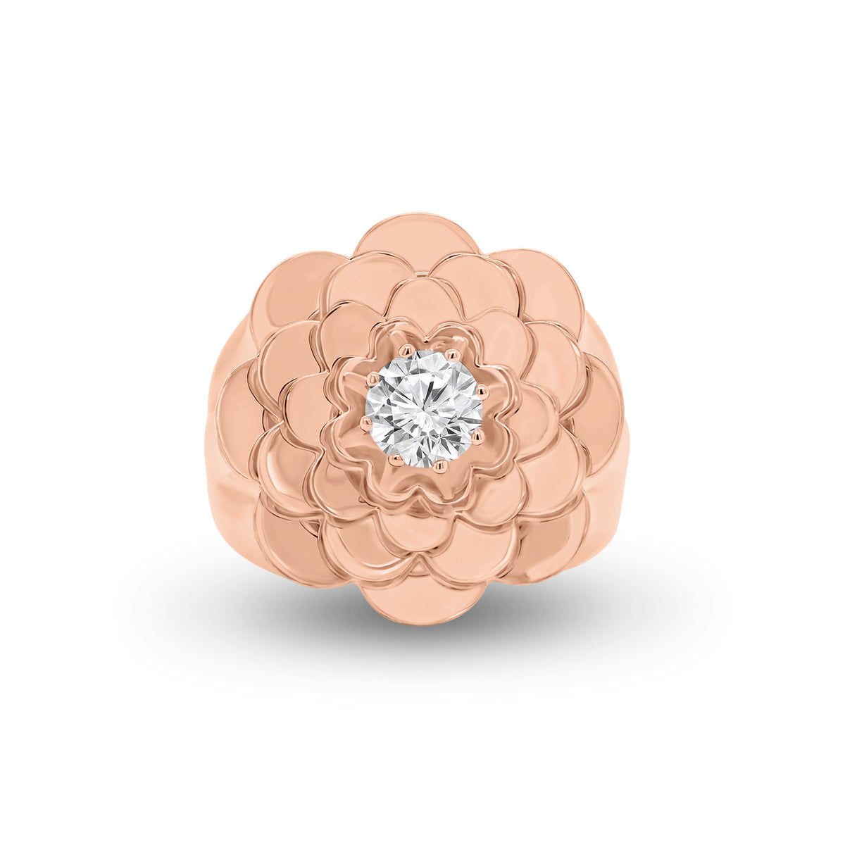 Diamond Bold Flower Ring - 14K gold weighing 10.19 grams - 48 round diamonds weighing 0.18 carats - 0.52 ct round diamond (GIA-graded H-color, SI2 clarity)
