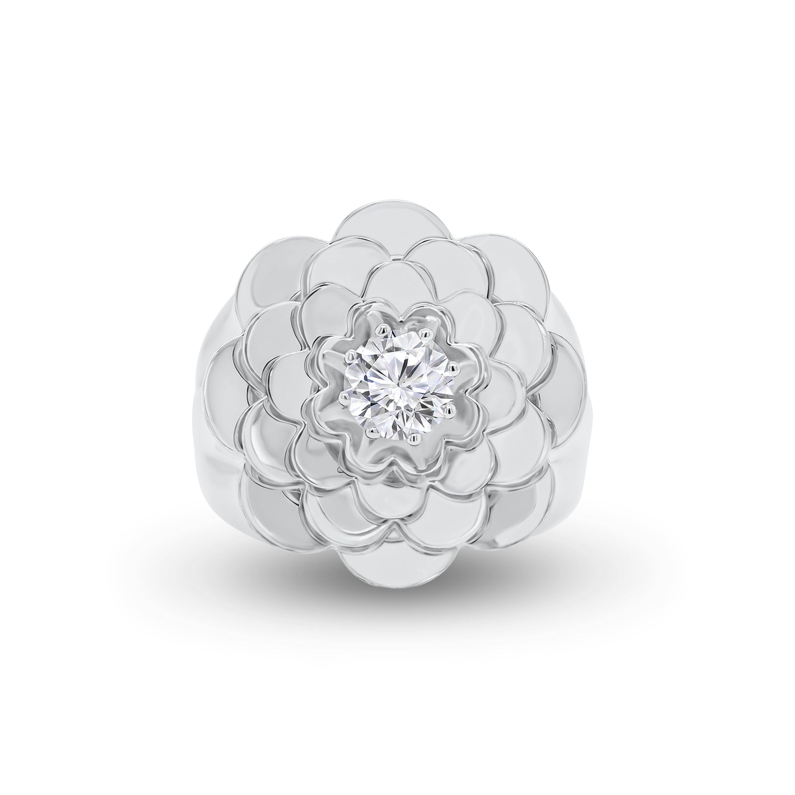 Diamond Bold Flower Ring - 14K gold weighing 10.19 grams  - 48 round diamonds weighing 0.18 carats  - 0.52 ct round diamond (GIA-graded H-color, SI2 clarity)