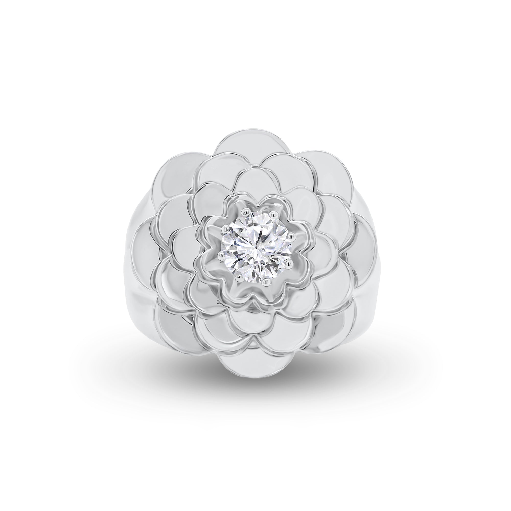Diamond Bold Flower Ring - 14K gold weighing 10.19 grams  - 48 round diamonds weighing 0.18 carats  - 0.52 ct round diamond (GIA-graded H-color, SI2 clarity)