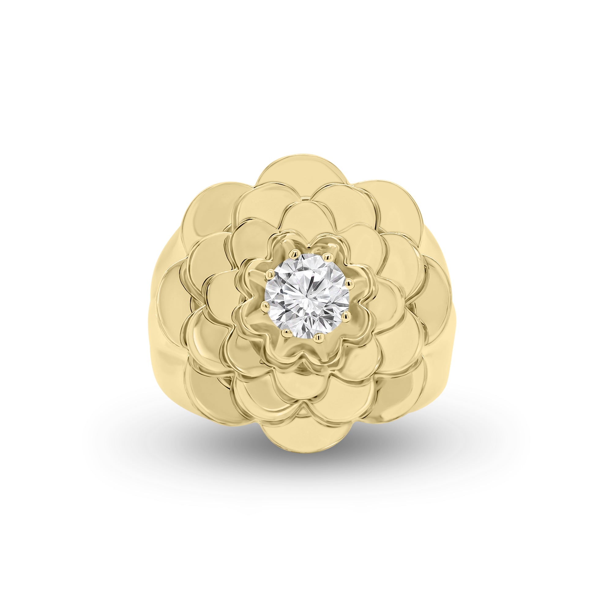 Diamond Bold Flower Ring - 14K gold weighing 10.19 grams  - 48 round diamonds weighing 0.18 carats  - 0.52 ct round diamond (GIA-graded H-color, SI2 clarity)