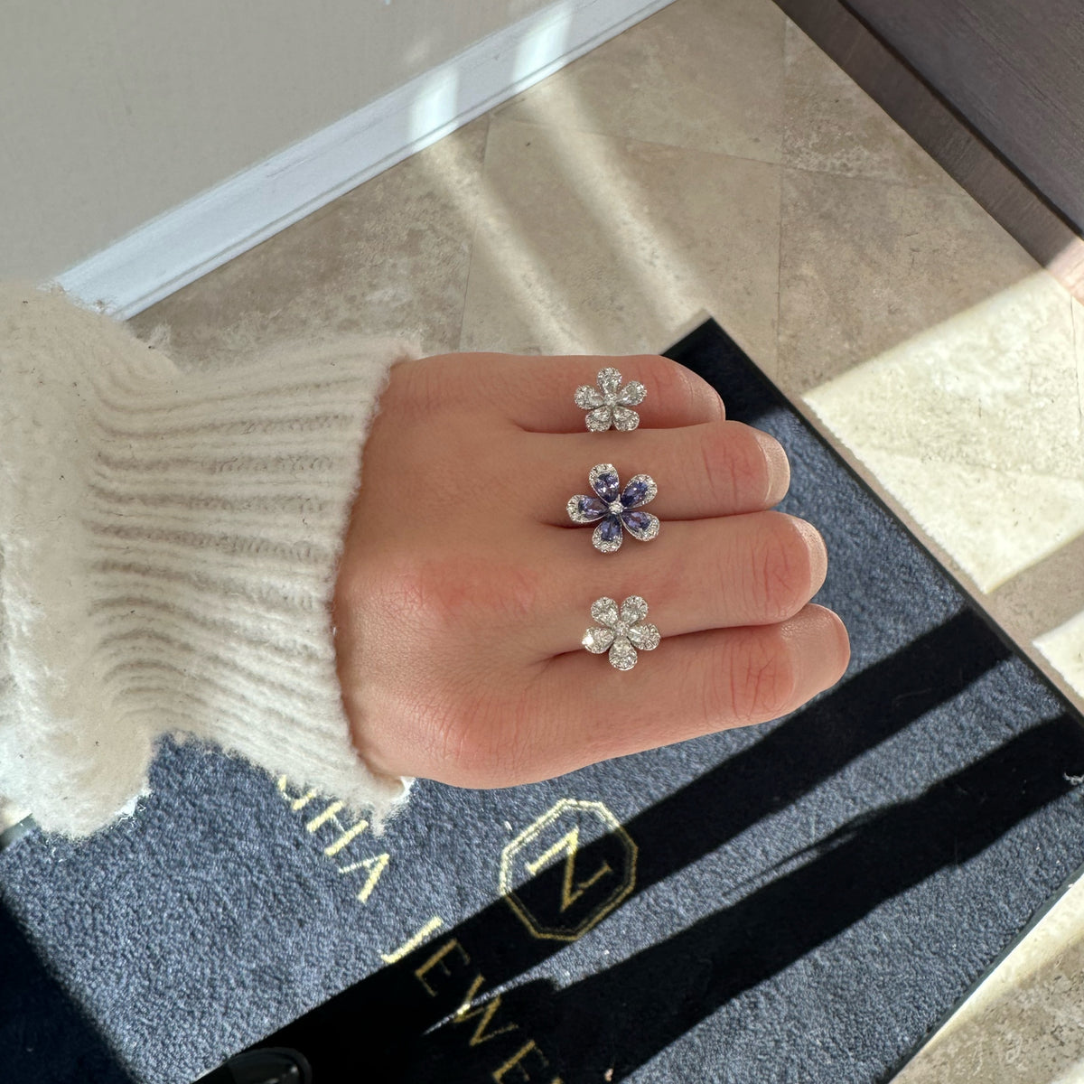 Tanzanite & Diamond Flower Two-Finger Ring