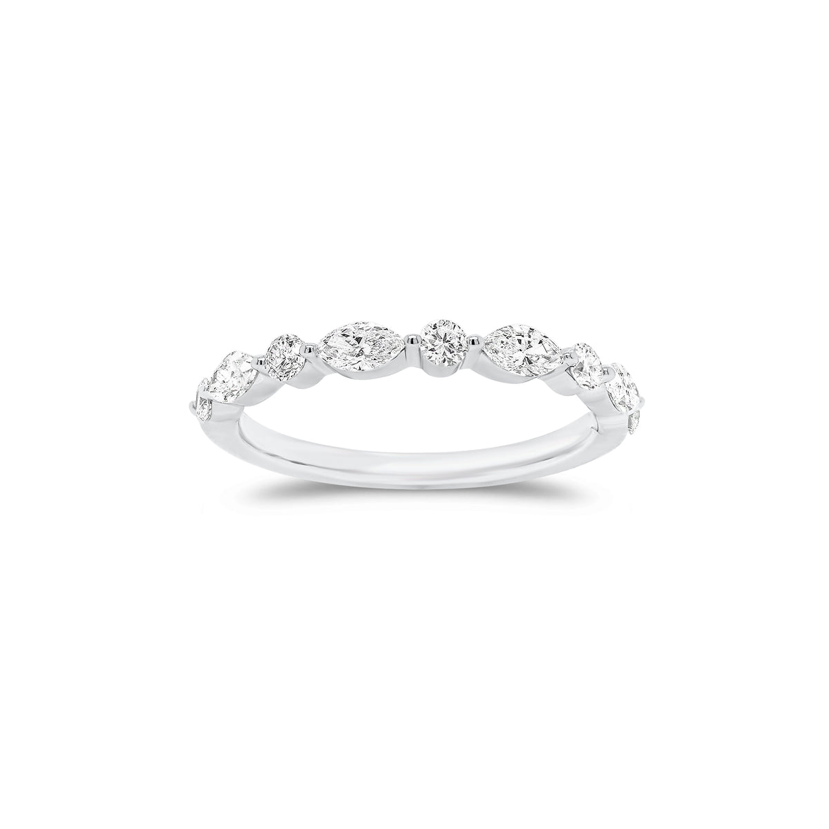 Marquise-Shaped & Round Diamond Wedding Band - 18K gold weighing 1.51 grams  - 5 round diamonds weighing 0.18 carats  - 4 marquise-shaped diamonds weighing 0.31 carats