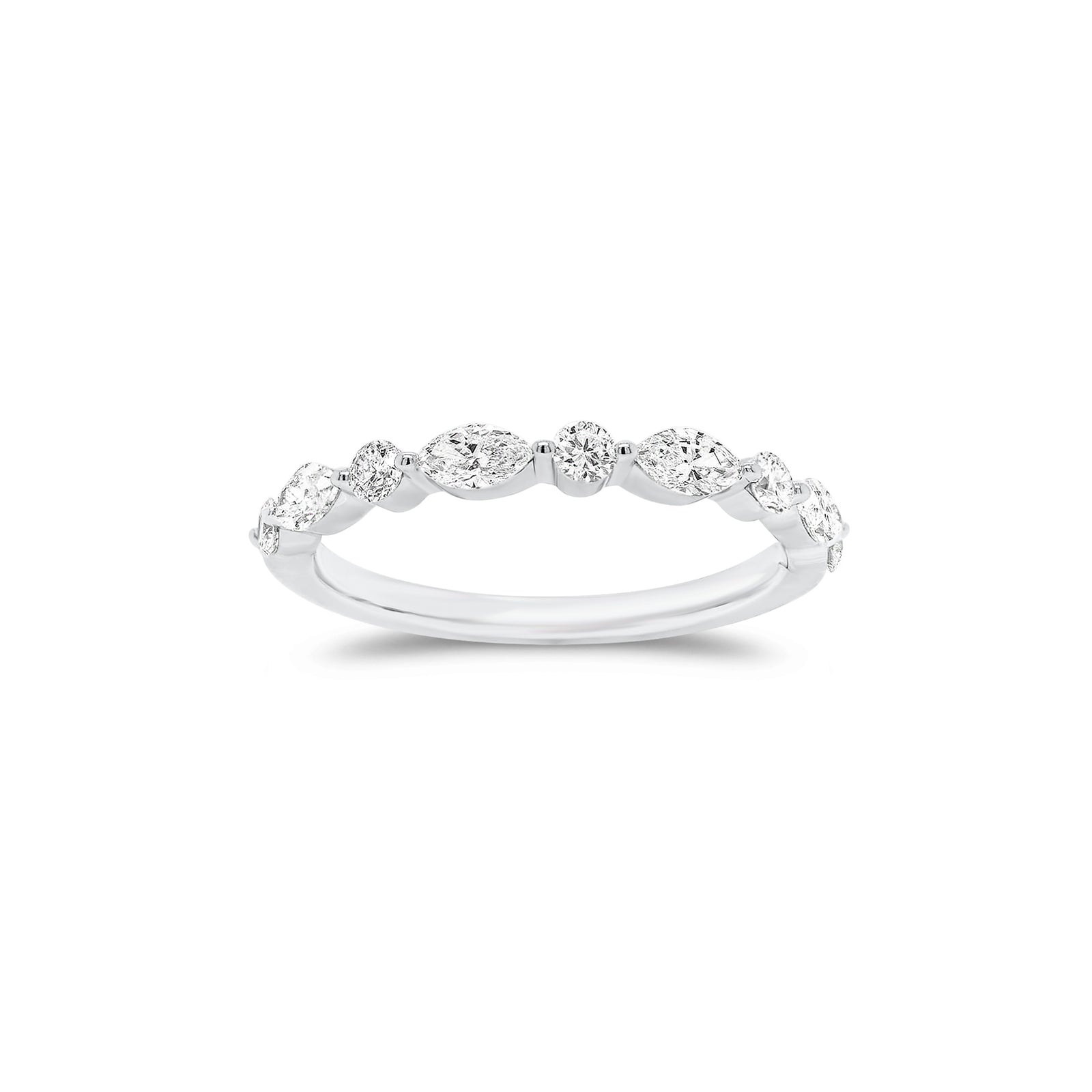 Marquise-Shaped & Round Diamond Wedding Band - 18K gold weighing 1.51 grams  - 5 round diamonds weighing 0.18 carats  - 4 marquise-shaped diamonds weighing 0.31 carats
