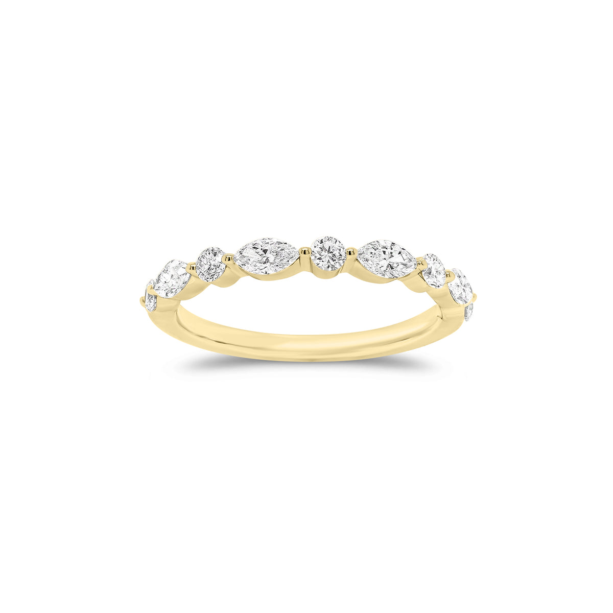 Marquise-Shaped & Round Diamond Wedding Band - 18K gold weighing 1.51 grams - 5 round diamonds weighing 0.18 carats - 4 marquise-shaped diamonds weighing 0.31 carats