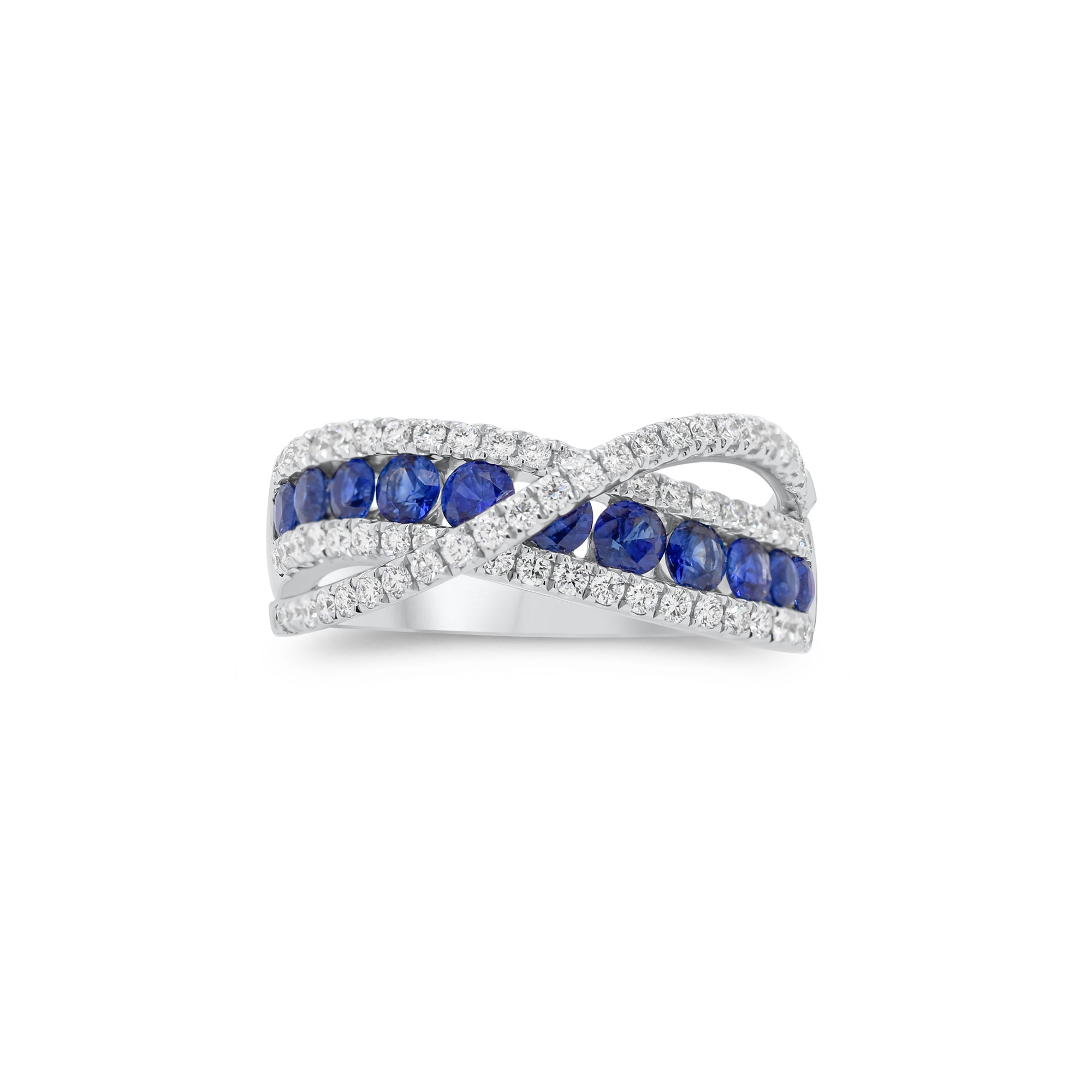 Sapphire & diamond crossover ring - 18K gold weighing 5.45 grams  - 69 round diamonds weighing 0.50 carats  - 11 sapphires weighing 0.84 carats
