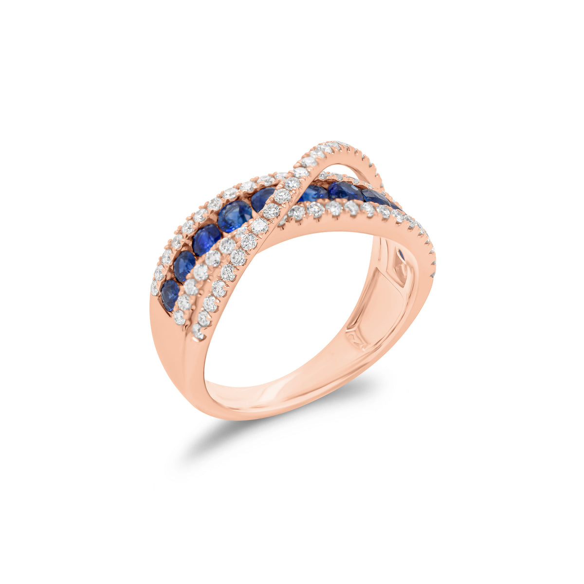 Sapphire & diamond crossover ring - 18K gold weighing 5.45 grams  - 69 round diamonds weighing 0.50 carats  - 11 sapphires weighing 0.84 carats