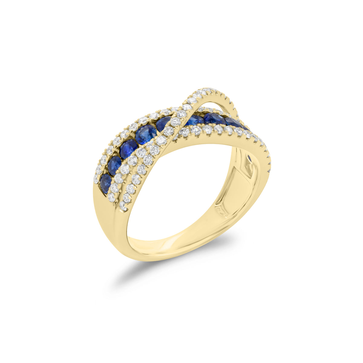Sapphire & diamond crossover ring - 18K gold weighing 5.45 grams  - 69 round diamonds weighing 0.50 carats  - 11 sapphires weighing 0.84 carats