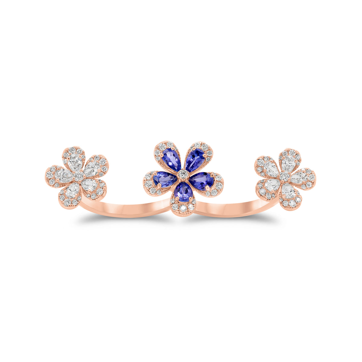 Tanzanite & Diamond Flower Two-Finger Ring - 14K gold weighing 9.20 grams - 78 round diamonds weighing 0.54 carats - 10 pear-shaped diamonds weighing 1.10 carats - 5 pear-shaped tanzanites weighing 1.34 carats