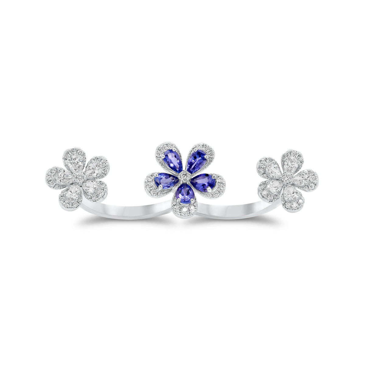 Tanzanite & Diamond Flower Two-Finger Ring - 14K gold weighing 9.20 grams   - 78 round diamonds weighing 0.54 carats  - 10 pear-shaped diamonds weighing 1.10 carats  - 5 pear-shaped tanzanites weighing 1.34 carats