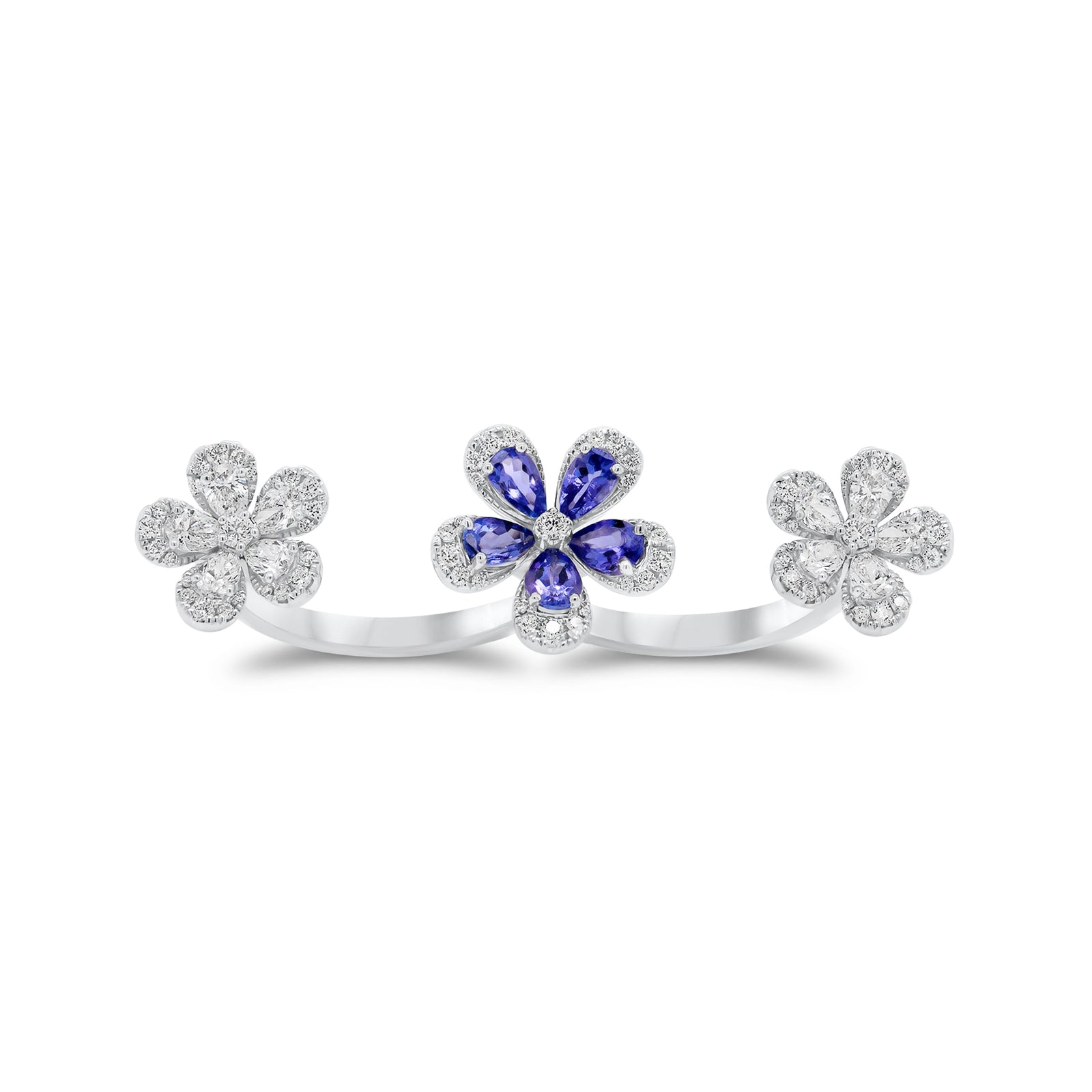 Tanzanite & Diamond Flower Two-Finger Ring - 14K gold weighing 9.20 grams   - 78 round diamonds weighing 0.54 carats  - 10 pear-shaped diamonds weighing 1.10 carats  - 5 pear-shaped tanzanites weighing 1.34 carats