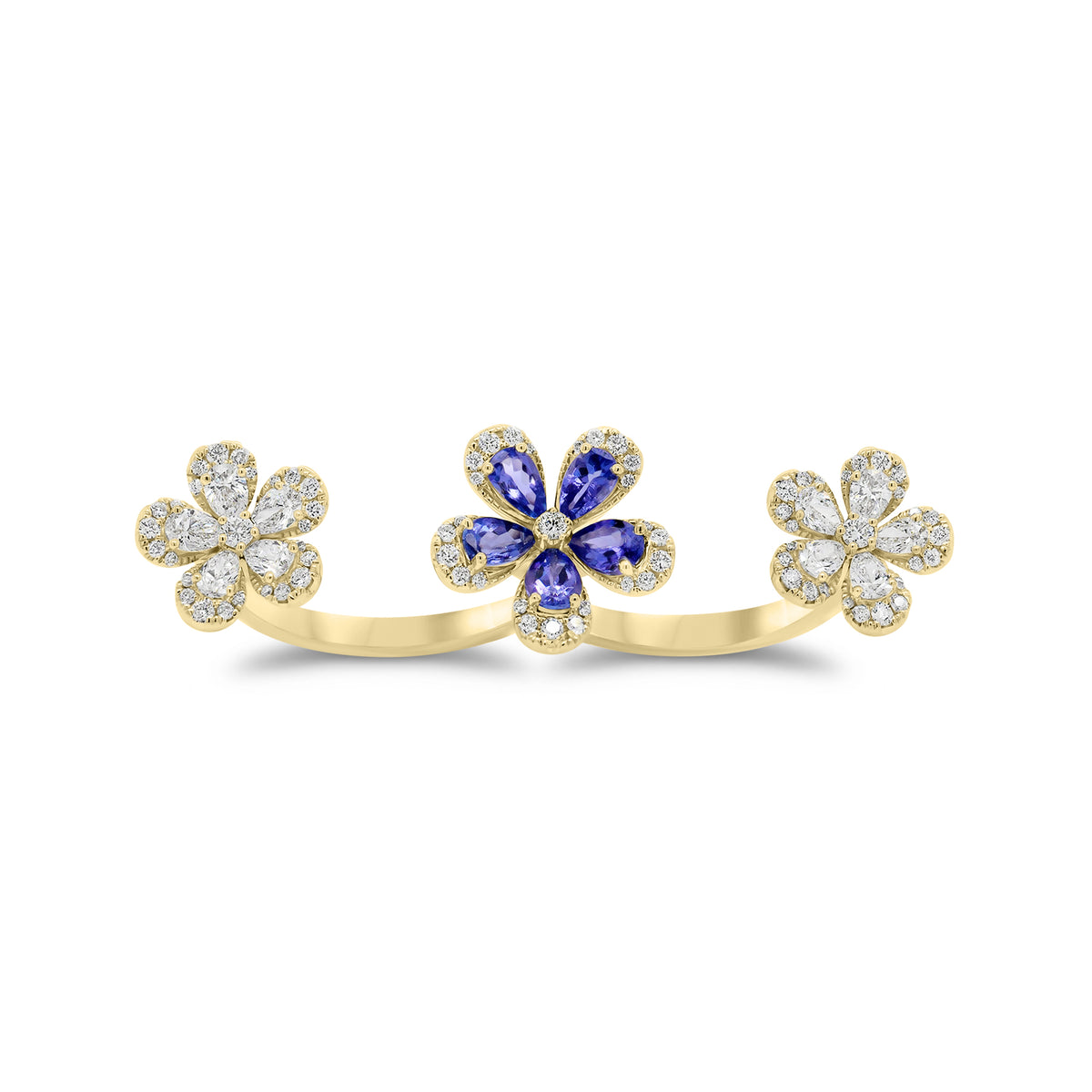 Tanzanite & Diamond Flower Two-Finger Ring - 14K gold weighing 9.20 grams - 78 round diamonds weighing 0.54 carats - 10 pear-shaped diamonds weighing 1.10 carats - 5 pear-shaped tanzanites weighing 1.34 carats