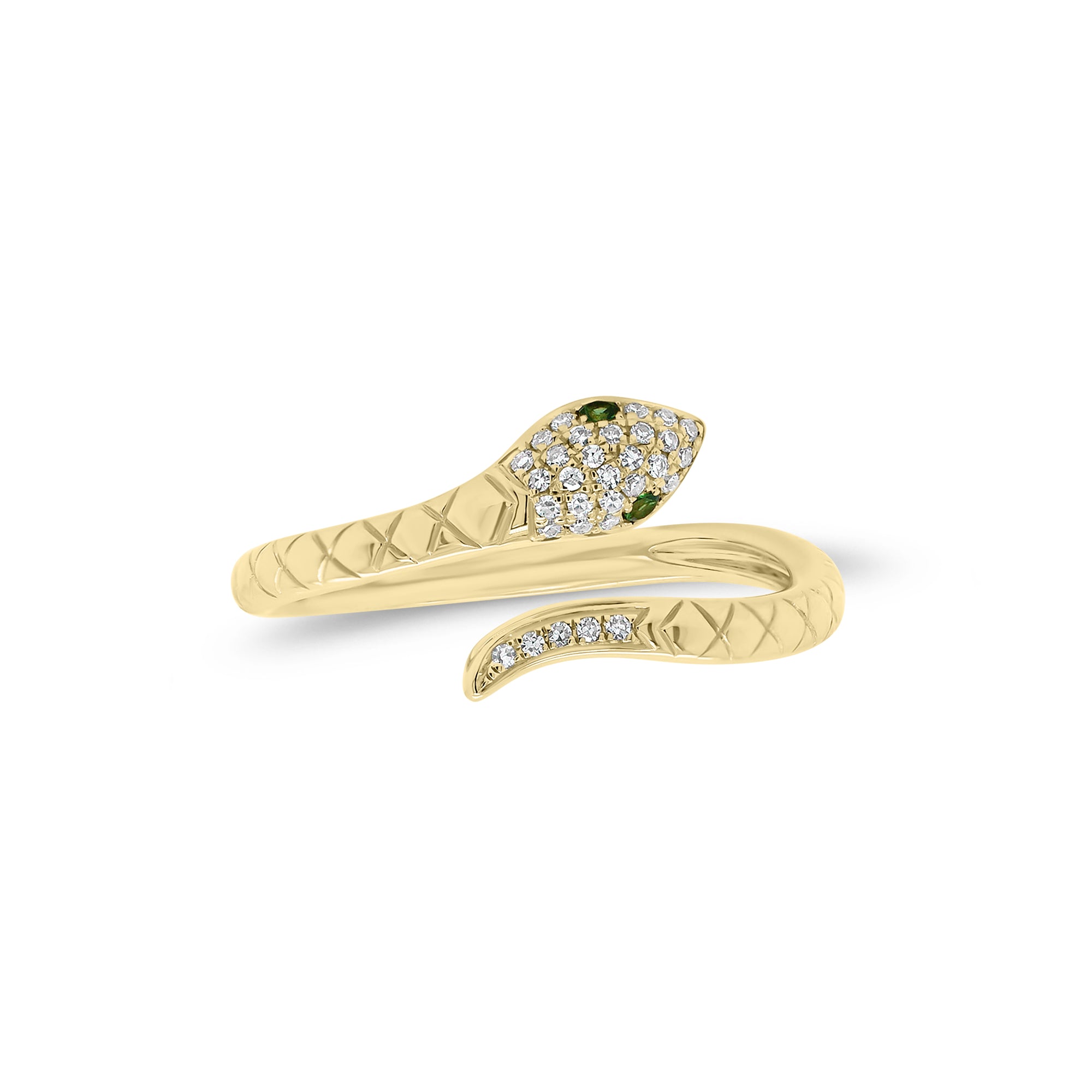 Diamond & Emerald Snake Ring - 14K gold weighing 2.80 grams  - 28 round diamonds weighing 0.07 carats  - 2 emeralds weighing 0.02 carats