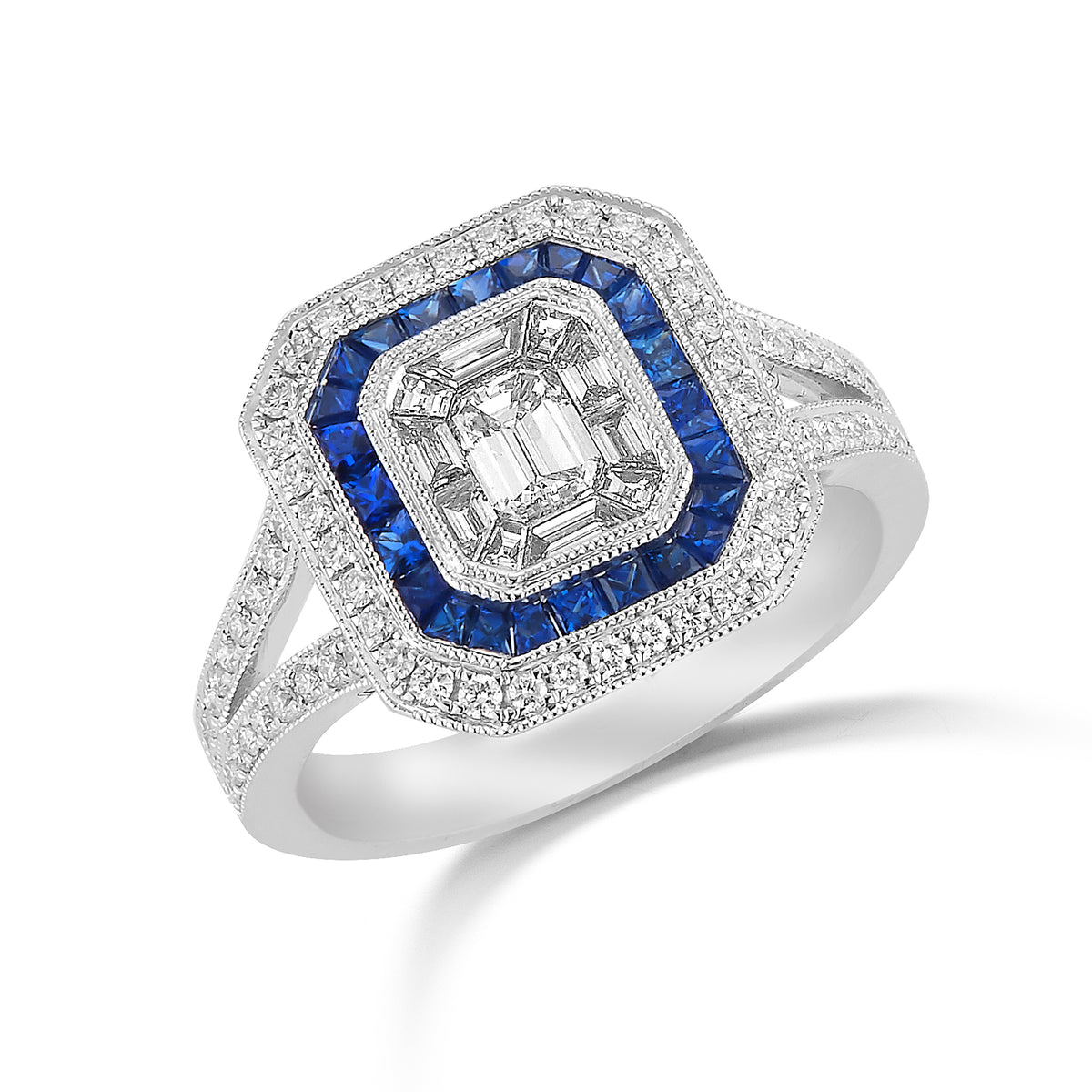 Emerald Cut Diamond and Sapphire Engagement Ring