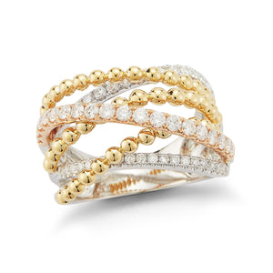 Mixed Tri-color Diamond and Bead Ring