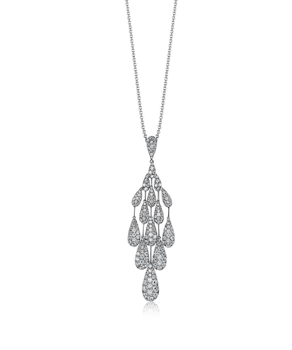  Teardrop-shaped chandelier design, this 18K gold contemporary pendant displays 1.48 carats of shimmering diamonds