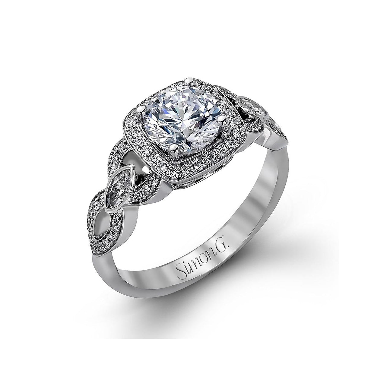 Simon G TR395 - .23 ctw white round cut diamonds and .20 ctw marquise cut diamonds.