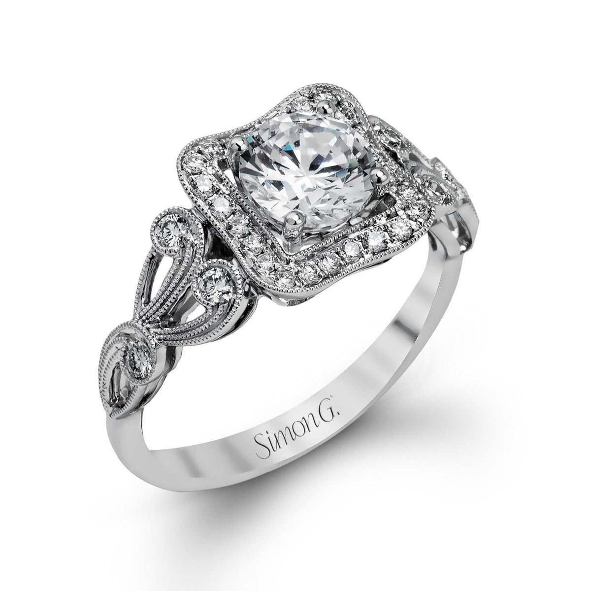 Simon G Antique Halo Engagement Ring - 18k gold weighing 4.30 grams - Round four prong-set diamonds weighing .29 carats