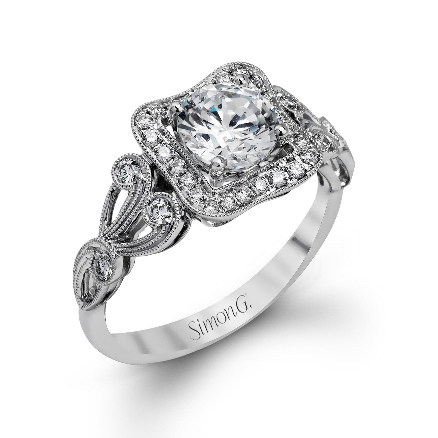 Simon G Antique Halo Engagement Ring - 18k gold weighing 4.30 grams - Round four prong-set diamonds weighing .29 carats