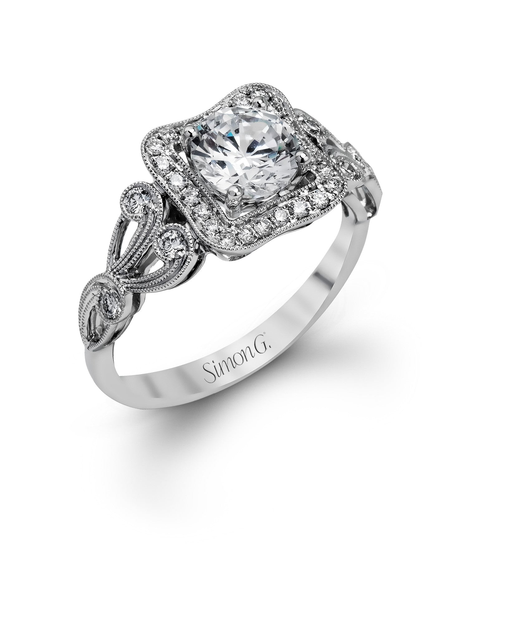 Simon G Antique Halo Engagement Ring - 18k gold weighing 4.30 grams - Round four prong-set diamonds weighing .29 carats