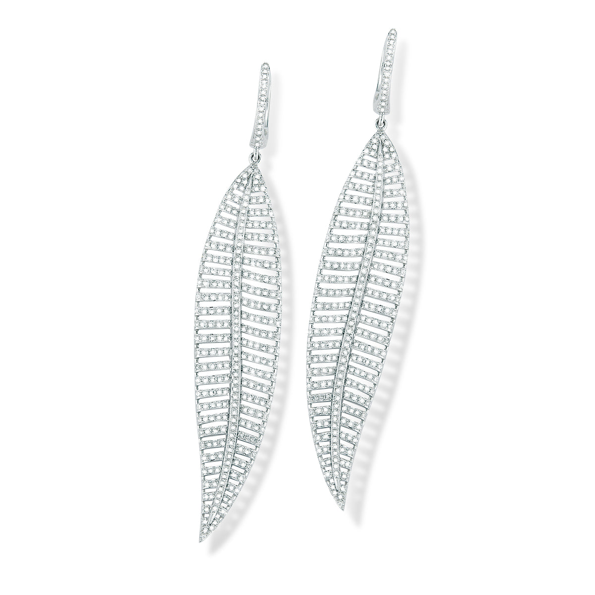 Diamond Leaf Earrings  14k gold, 8.74 grams, 572 round pave-set diamonds, 1.36 carats.