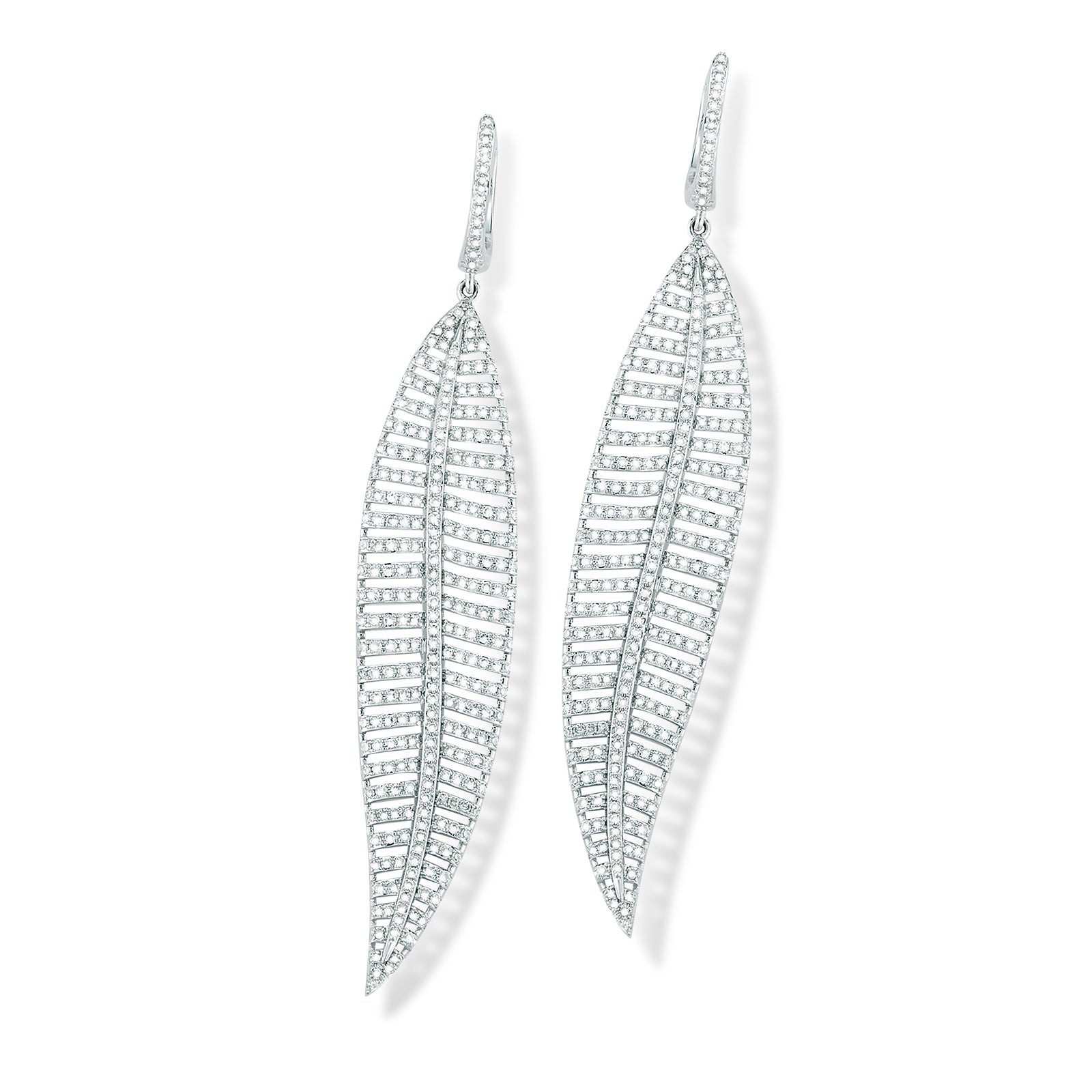 Diamond Leaf Earrings  14k gold, 8.74 grams, 572 round pave-set diamonds, 1.36 carats.