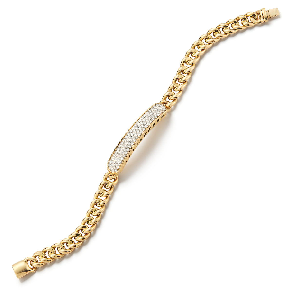 Pave Set Diamond Bar Curbed Link Bracelet -18K yellow gold weighing 16.87 grams -96 round pave-set diamonds totaling 1.33 carats
