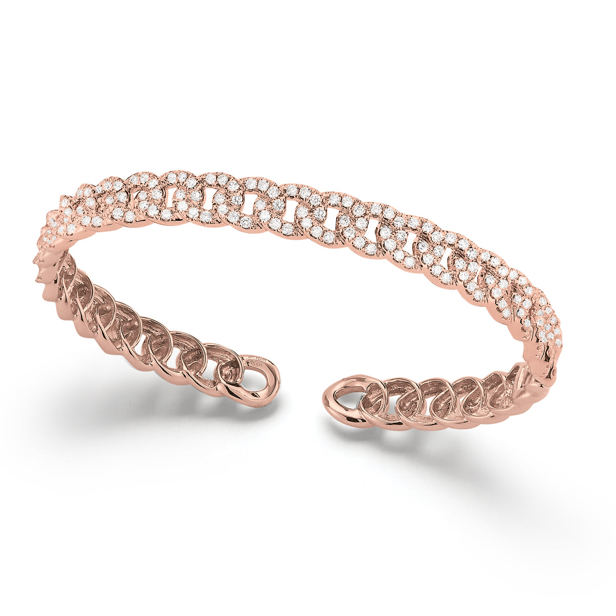 Diamond Small Link Cuff Bracelet -14K rose gold weighing 13.86 grams -153 round diamonds totaling 1.64 carats