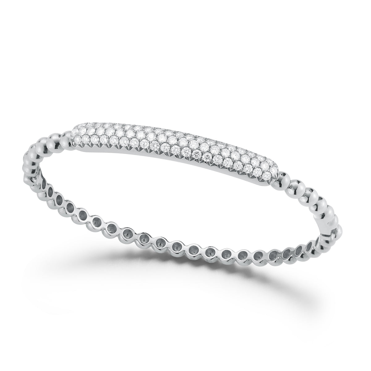 Large Pavé Diamond Bar Beaded Bangle -18k white gold, 16.74 grams -61 round pavé-set diamonds weighing 1.56 carats.