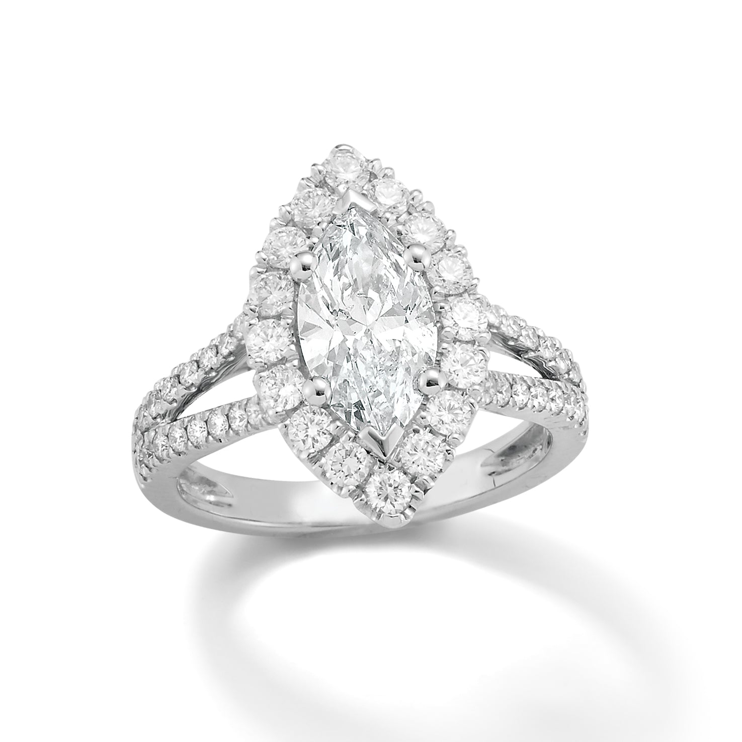 Marquise Diamond Split shank Engagement Ring  -18k gold 4.93 grams  -52 round 4 prong-set diamonds .83 carats