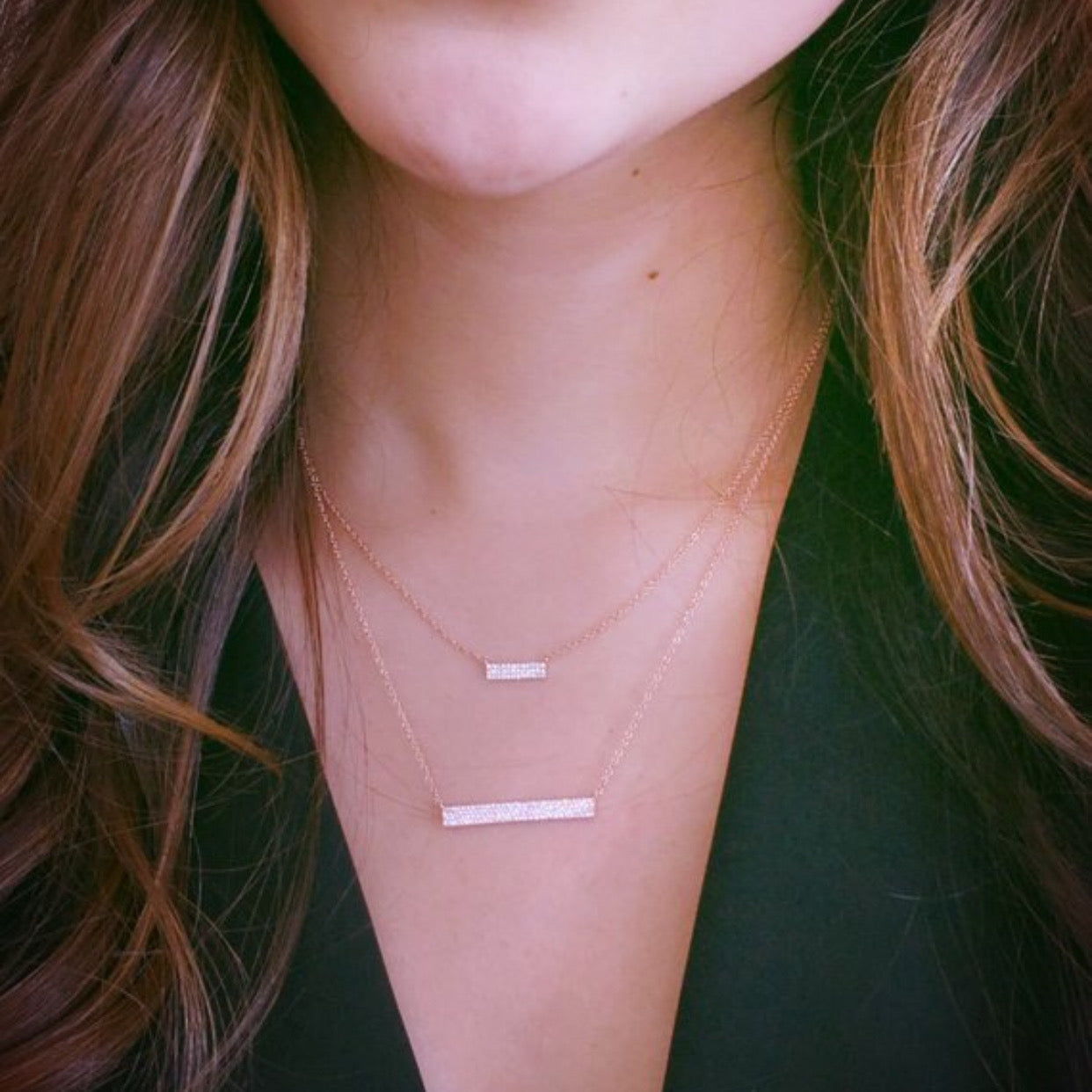 Gold Pave Mini Diamond Bar Necklace  -14k gold weighing 1.62 grams  -36 round prong set diamonds weighing 0.10 carats